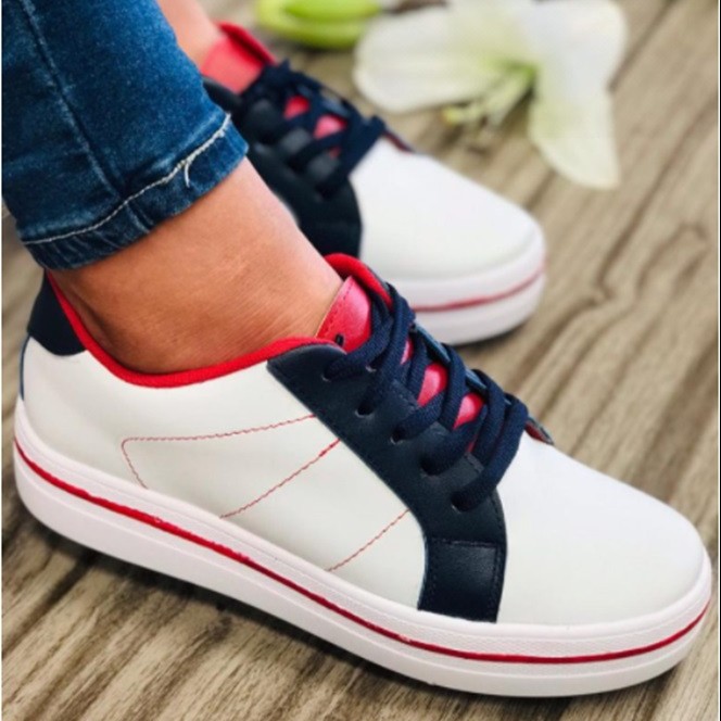 White/Blue/Red Lace Suede Tennis Shoes For Women